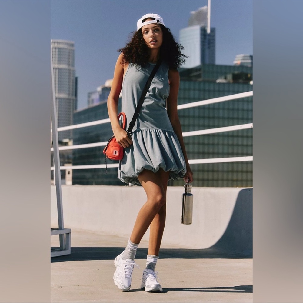 Free People Dusty Blue Ruffle-Hem Mini Dress with White Cap Sleeves - Picture 7 of 13
